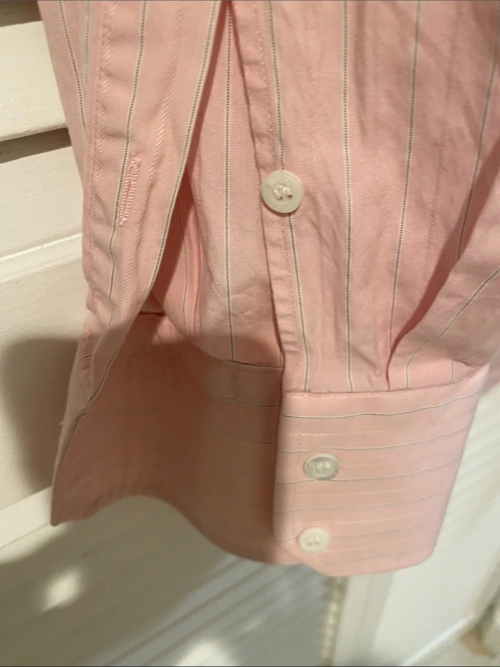 Gucci Pink Striped Long Sleeve Shirt with Black Logo Label.